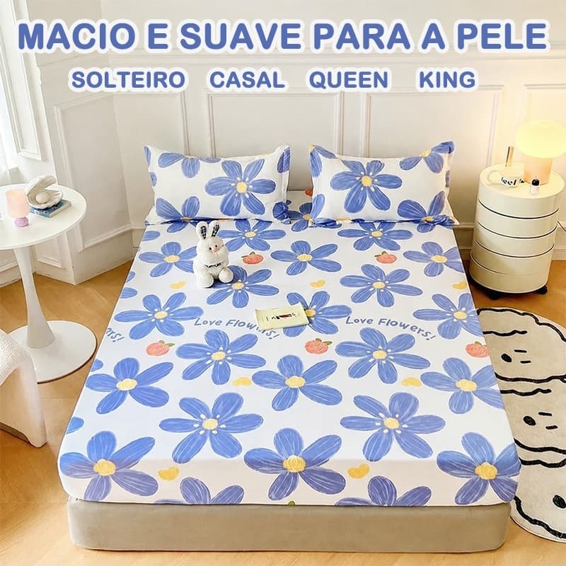 Jogo de Lençol Estampado com Elástico 100% Algodão Lavado 2/3 Peças Solteiro Casal Queen King