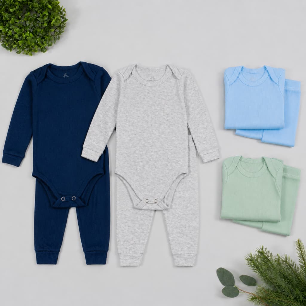 Kit 4 Peças Bebê Enxoval Menino | 2 Body Manga Longa + 2 Calça Mijão Pagão | Canelado RN ao GG