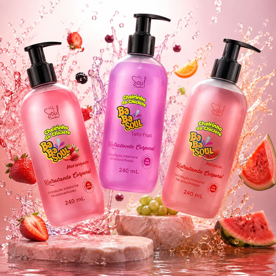 Kit 3 Hidratantes Corporais - Babasoul Soul 240ml – Fragrâncias de Chiclete Tutti-Frutti, Melancia e Morango