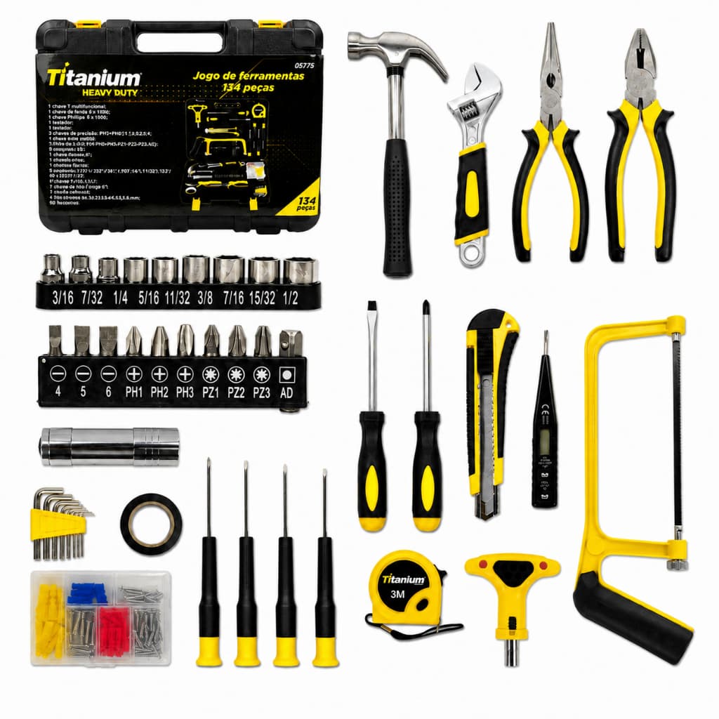 Kit 134 Peças Jogo de Ferramentas Completo Cromo Vanádio Titanium Platina