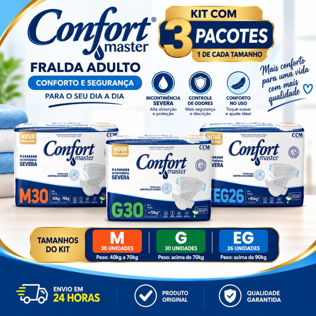 Kit 3 Fraldas Geriátricas Confort Master Econômica - Proteção Dia e Noite (Atacado)