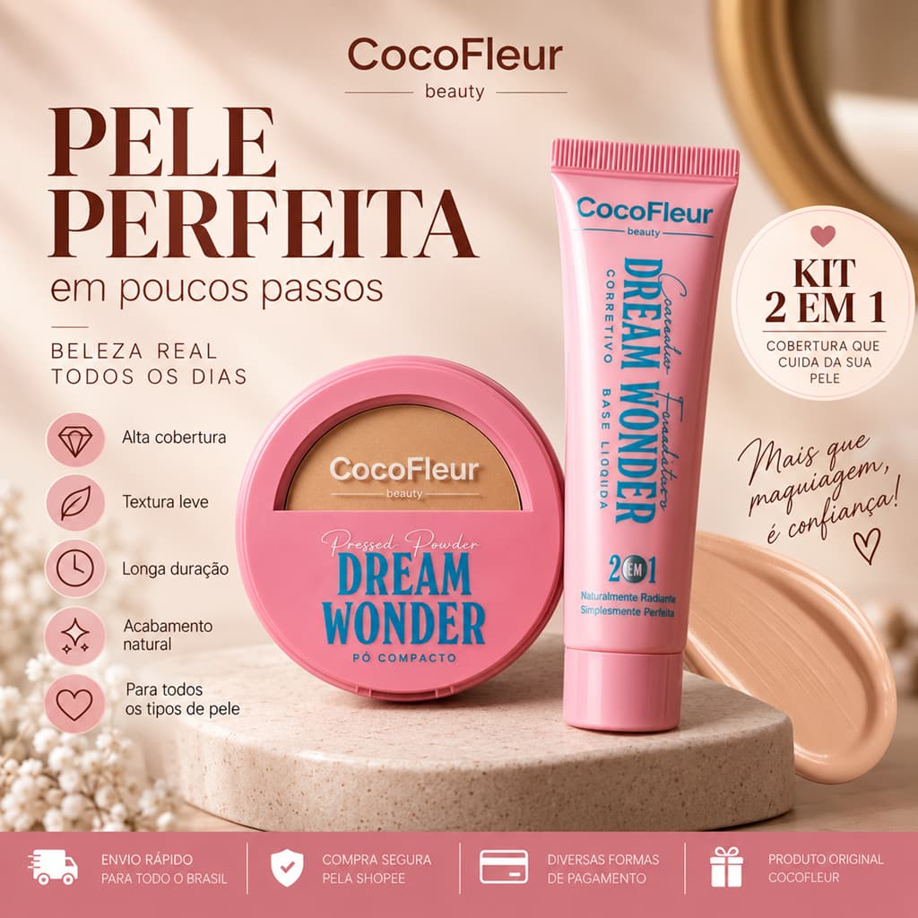 Kit Maquiagem CocoFleur Dream Wonder Pó Compacto + Corretivo Base Líquida 2 em 1 Alta Cobertura