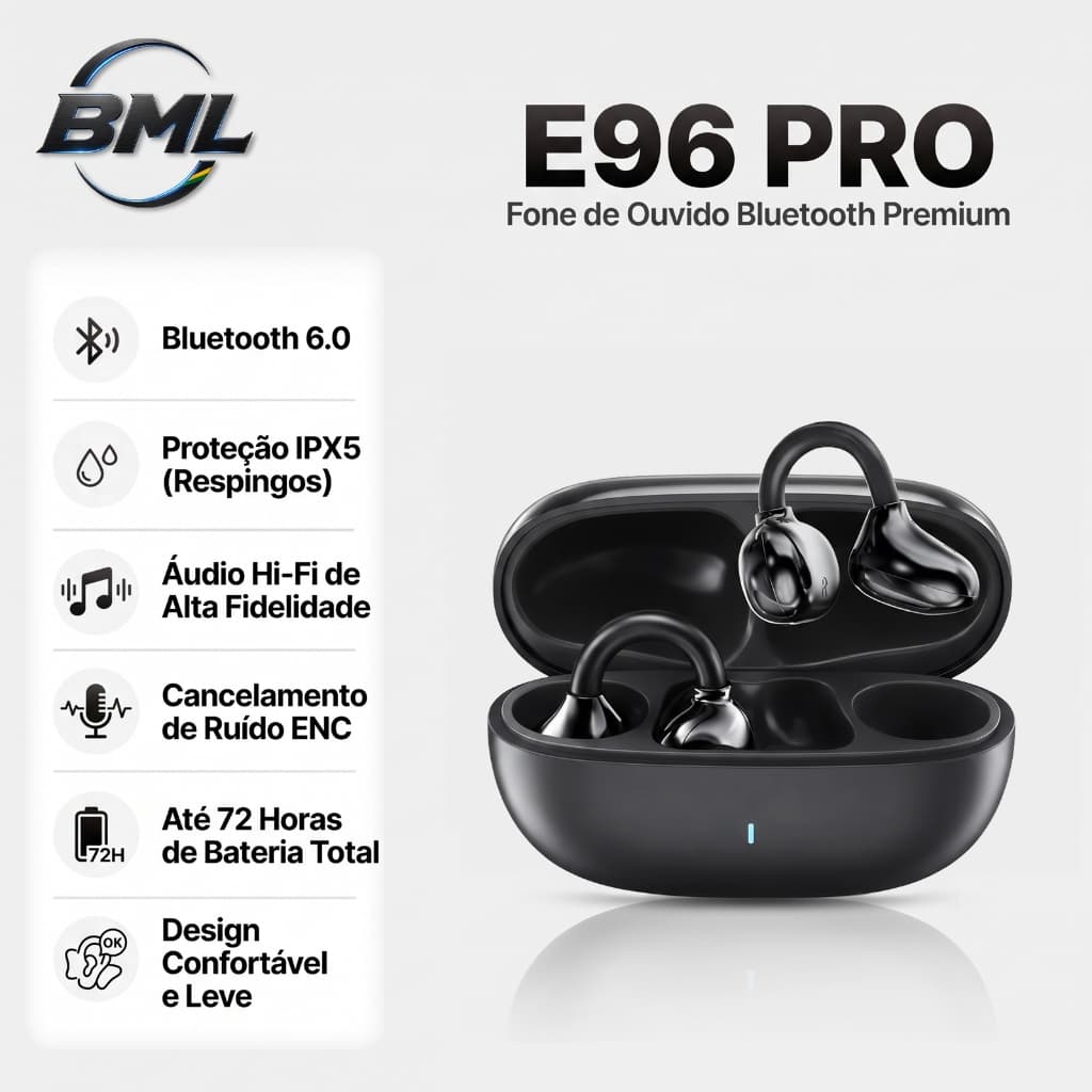 BML Fone de Ouvido Bluetooth Sem Fio Clipe De Orelha Som HD Redução de Ruído ENC, Esportes e Jogos