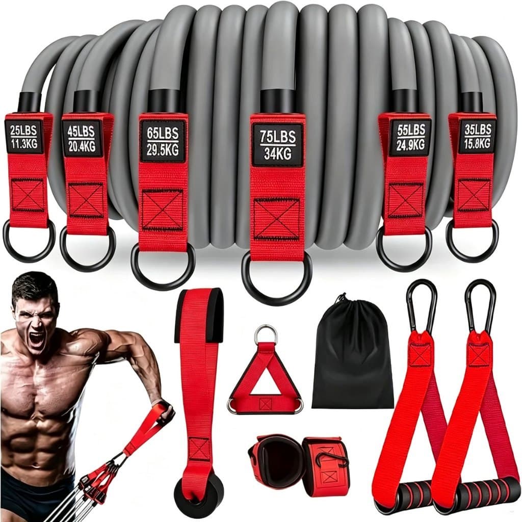 Kit Elástico de Resistência 6 Peças 25-75LBS para Musculação Treino em Casa com Acessórios