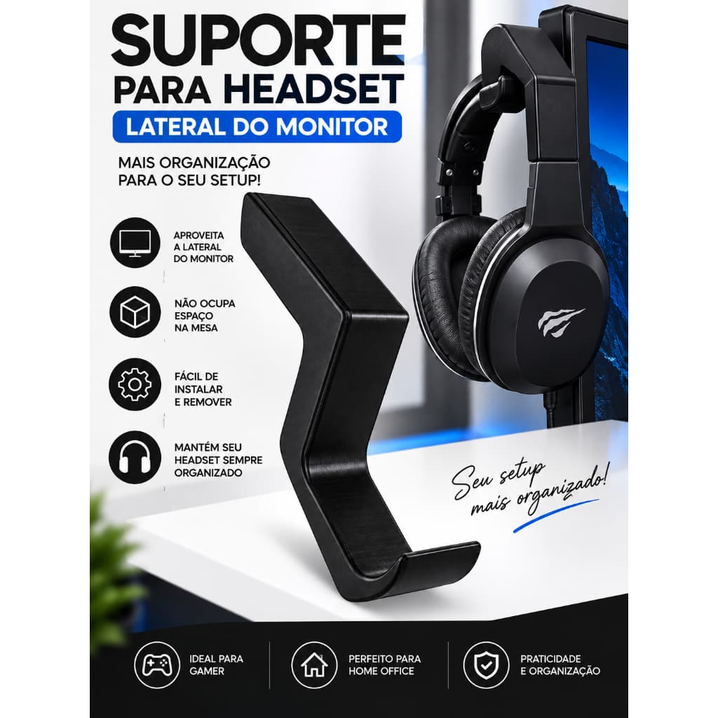 Suporte para Headset no Monitor Gancho Lateral para Fone de Ouvido Gamer