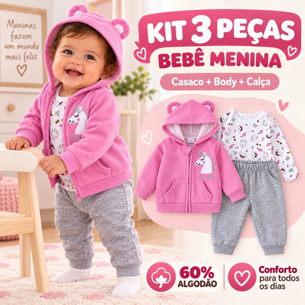 Kit Roupa de Bebê Menina 3 Peças Body Bebê Manga Longa Calça e Casaco Rosa com Capuz Unicórnio