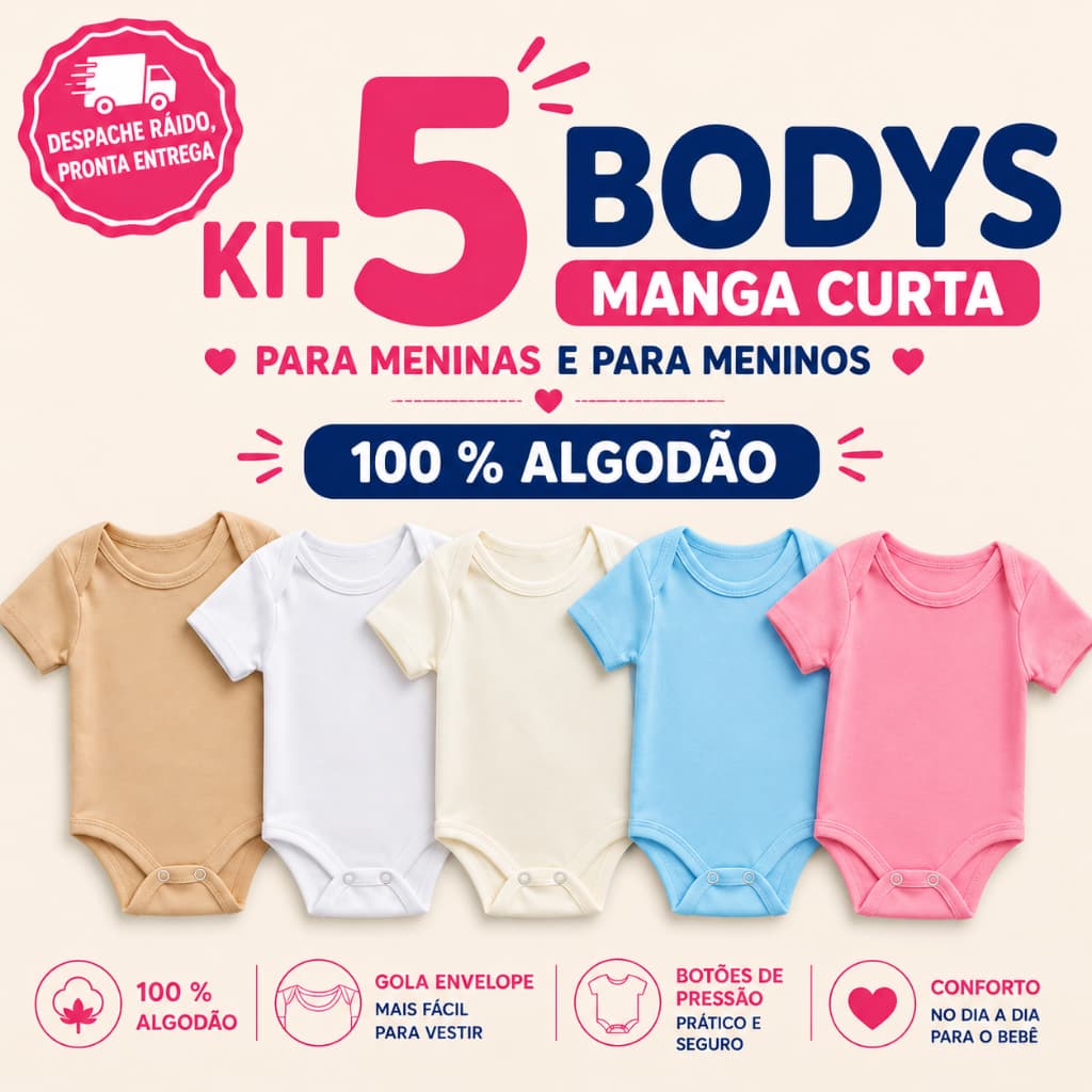 Kit 5 Bodys para Bebê 100% Algodão Manga Curta Enxoval Menino e Menina