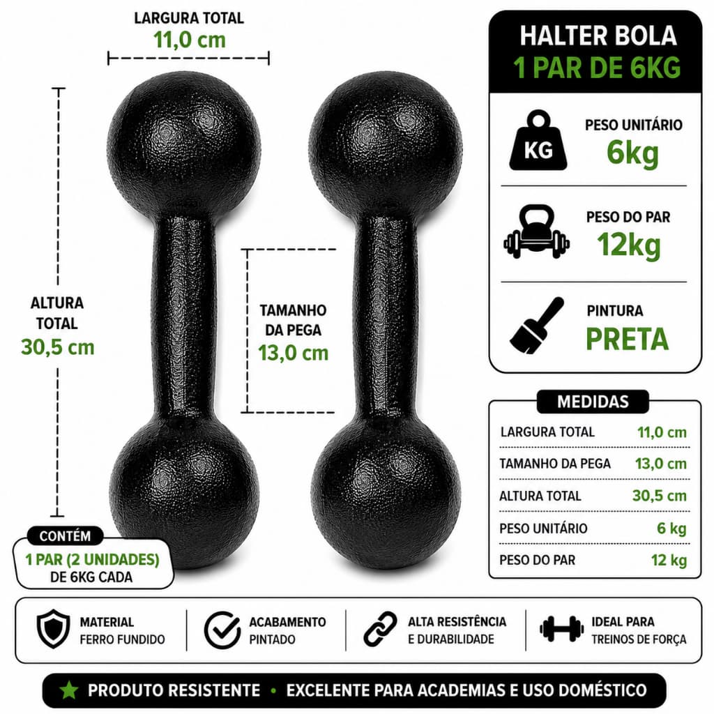 Par de Halter Bola 6kg Pintado Preto Ferro Fundido Academia Musculação
