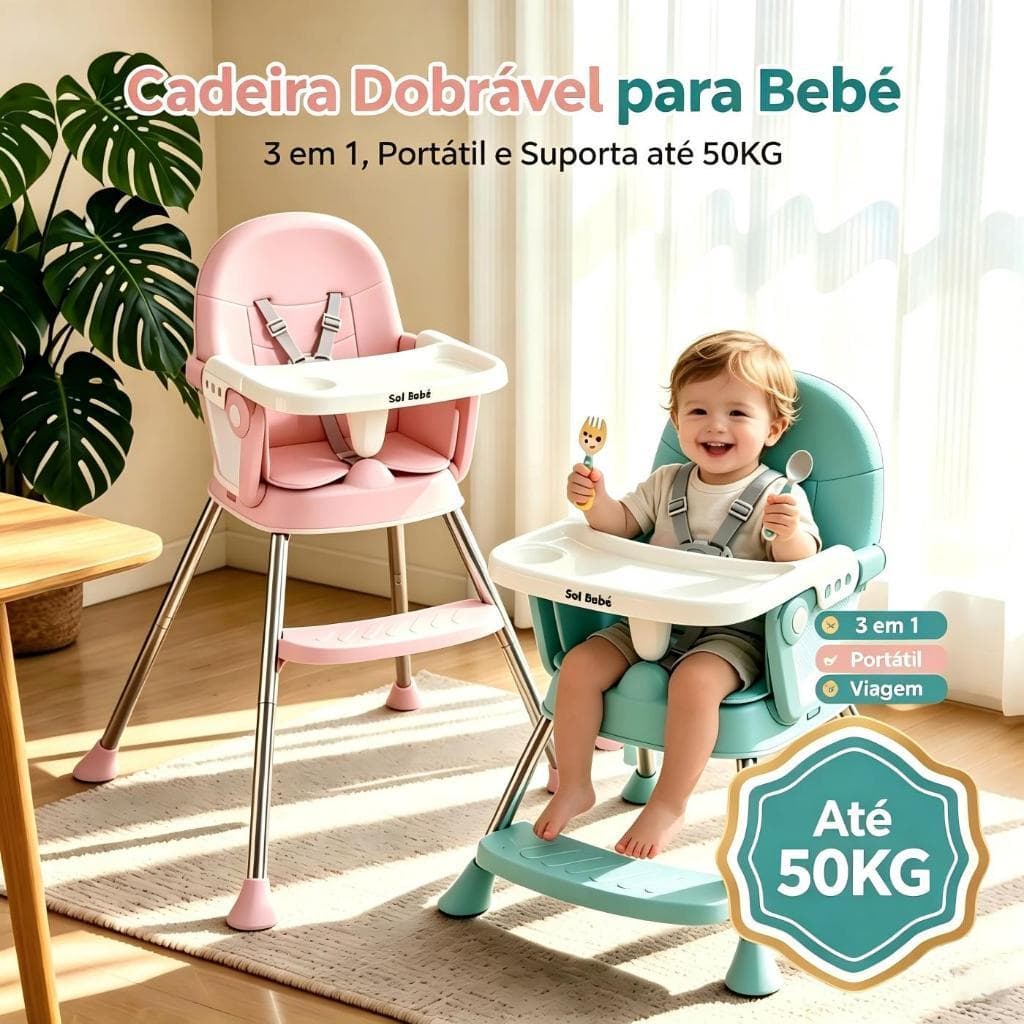 Suporta até 50KG Cadeira de Alimentação Bebê 3 em 1 Portátil Dobrável, 3 Alturas com Bandeja Removível, Estrutura