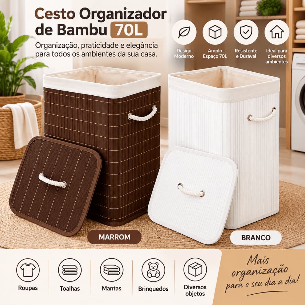 Cesto Organizador de Bambu 70L com Tampa e Alças para Roupas Lavanderia Quarto Closet Banheiro