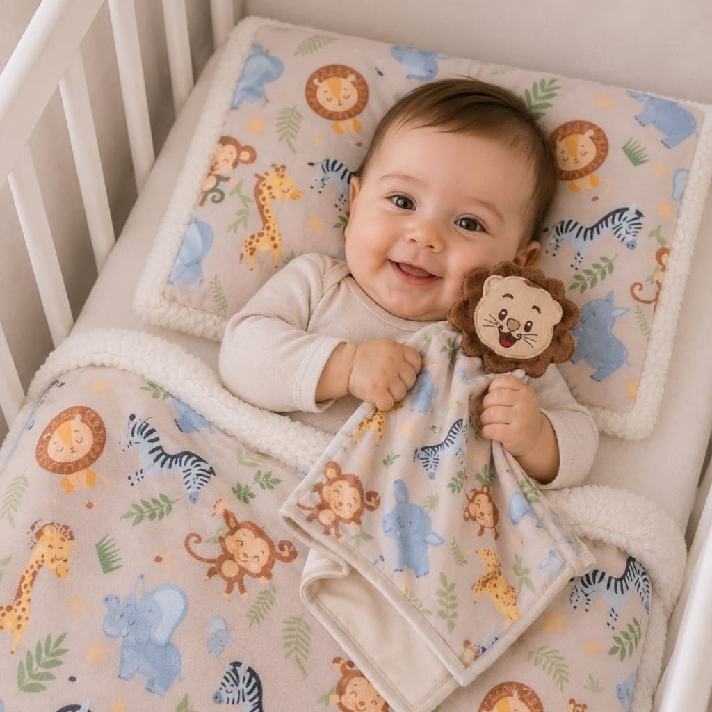 KIT MANTA MANTINHA COBERTOR SOFT E NANINHA 02 PCS COM TEMA DE LEÃO ENXOVAL DE BEBE ROUPA DE BEBE
