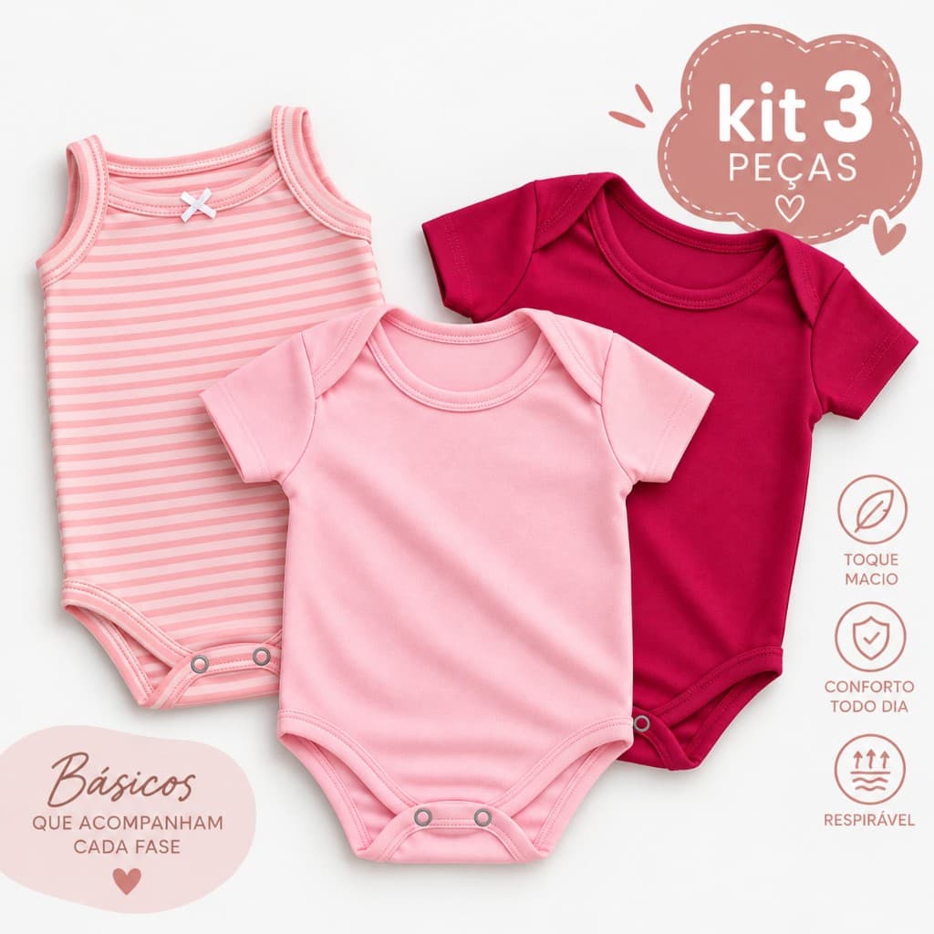 Kit 3 Body Bebê Menina Manga Curta Básico em Algodão Macio Enxoval Maternidade P ao GG