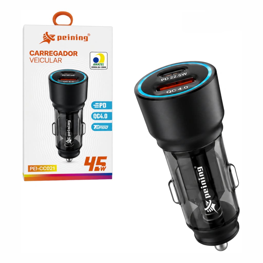CARREGADOR VEICULAR QUICK CHARGE 45W TURBO USB E TIPO C PEINING