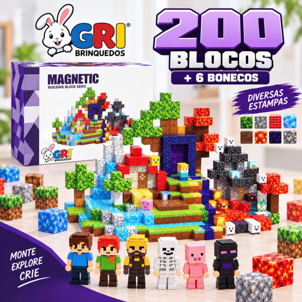 Blocos Magnéticos 200 Peças + 6 Bonecos Brinquedo Educativo Criativo Infantil Pixel Presente Menino Menina Criança
