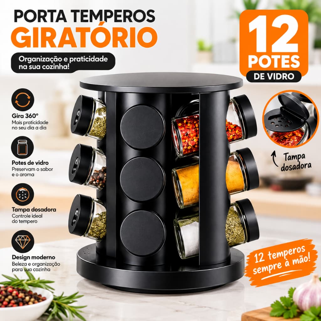 Porta Tempero Giratório 12 Potes de Vidro Preto 360 Graus com Tampa Dosadora Organização Cozinha Condimentos Premium