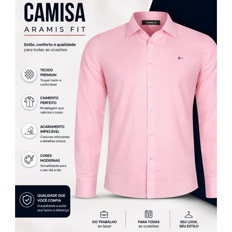 Camisa Social Manga Longa Slim Fit Aram!S Masculina Lisa Clássica Confortável não amassa