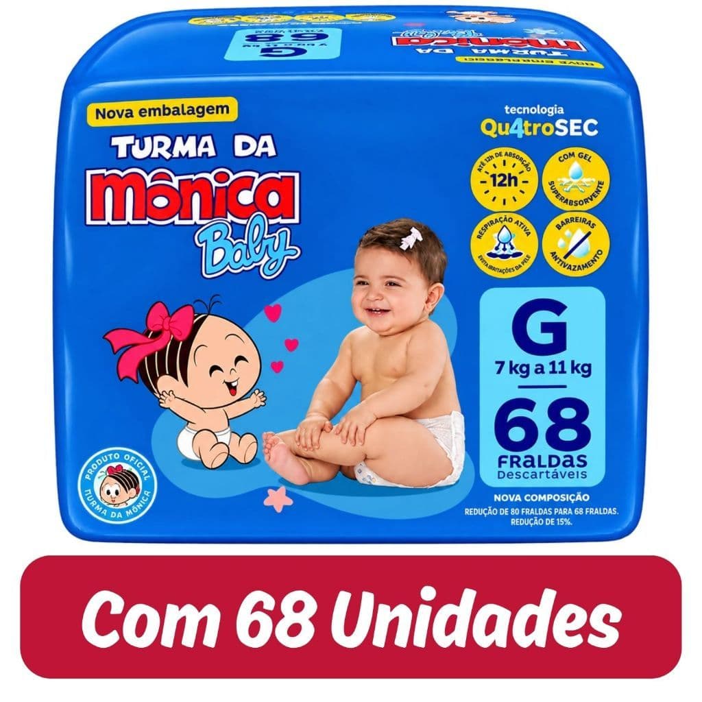 Fralda Descartável Turma da Mônica Baby Giga Tamanho G - 1 Pacote com 68 Fralda