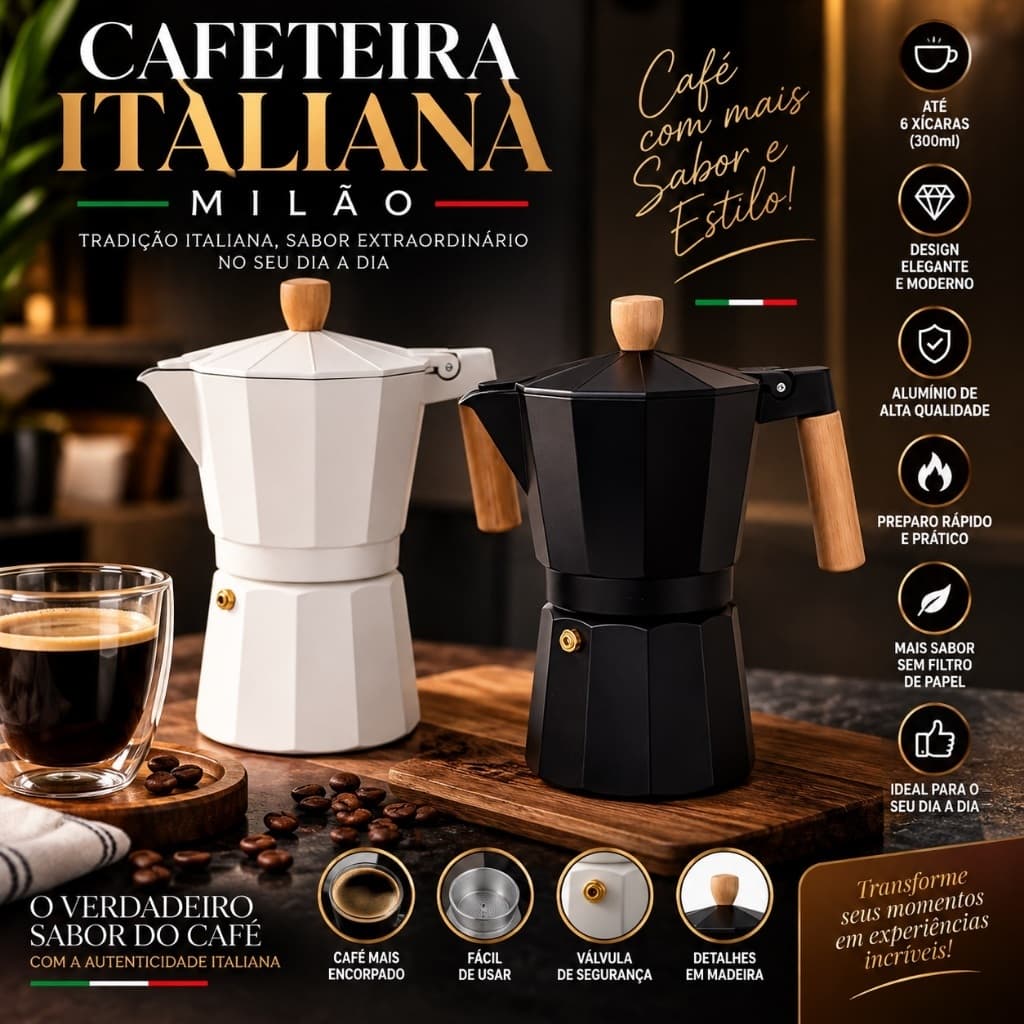 Cafeteira Italiana Milão 6 Xícaras 300ml Moka Café Expresso Alumínio com Cabo de Madeira Preta ou Branca Sortida