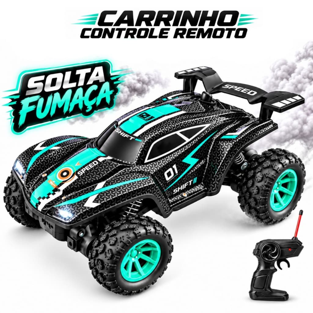 Carrinho de Controle Remoto Recarregável Carro Off-Road Solta Fumaça Todo Terreno