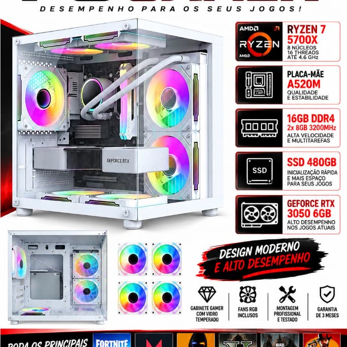 PC GAMER AMD RYZEN 7 5700X A520M 2X 8GB 3200MHZ SSD 480GB RTX 3050 6GB