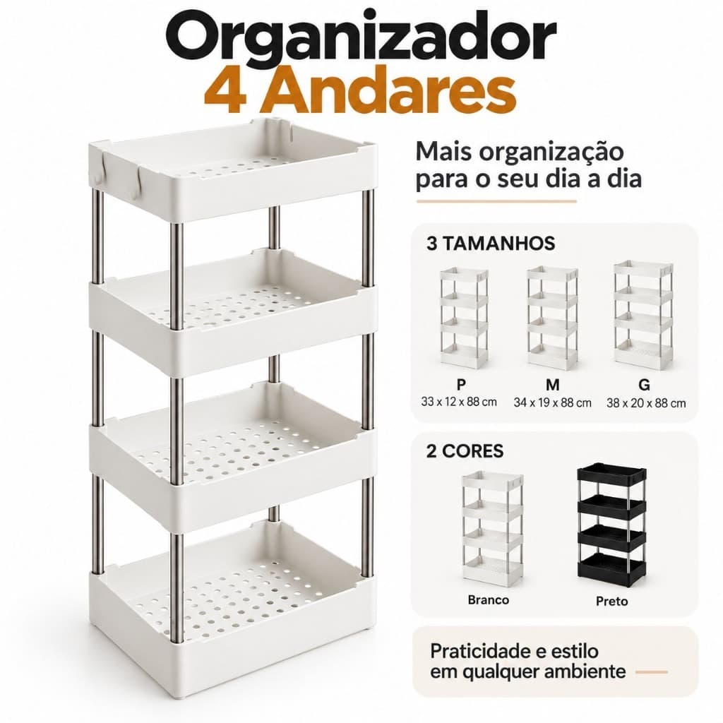 Estante Multiuso Compacta 4 Prateleiras Organizador para Casa Cozinha Banheiro Escritório