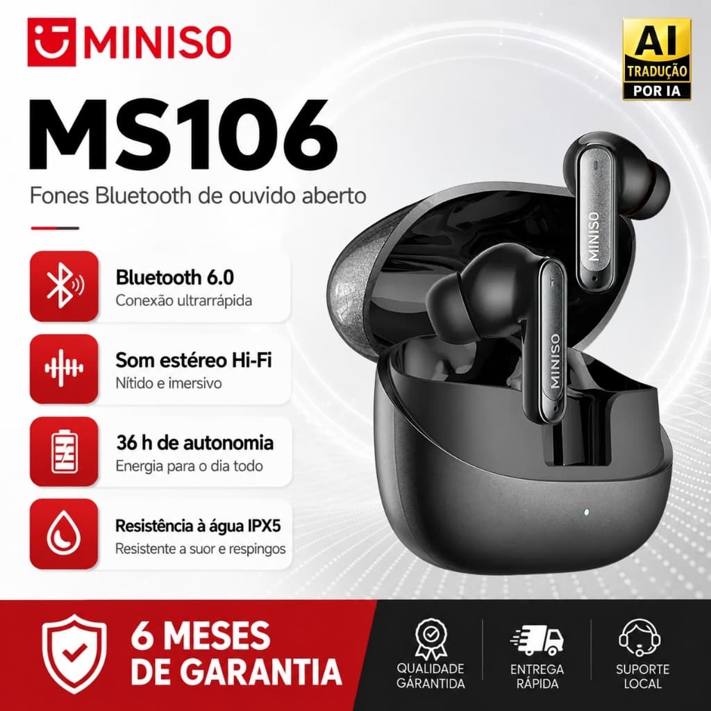 MINISO Fone de ouvido bluetooth sem fio MS106 tradução de voz bidirecional fone sem fio bluetooth 6.0 TWS