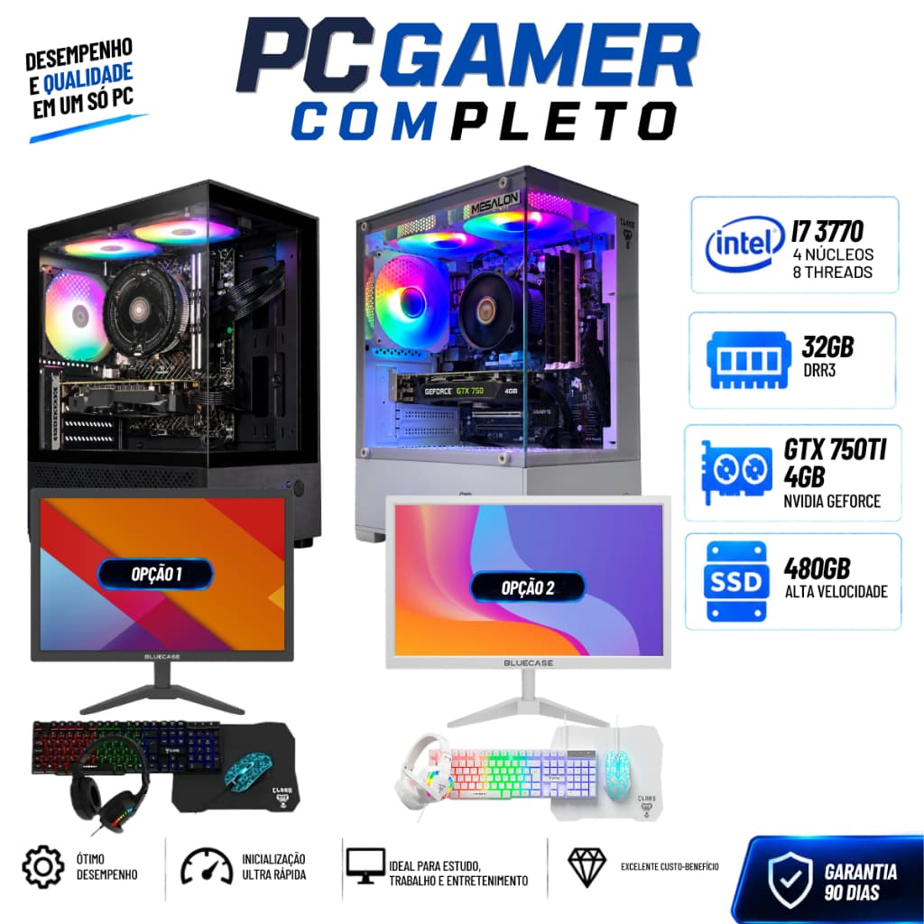 Pc Completo Preto i7 3° 32gb, Ssd 480gb, Placa de Video Gtx750 + Monitor 21,5 + Kit Gamer