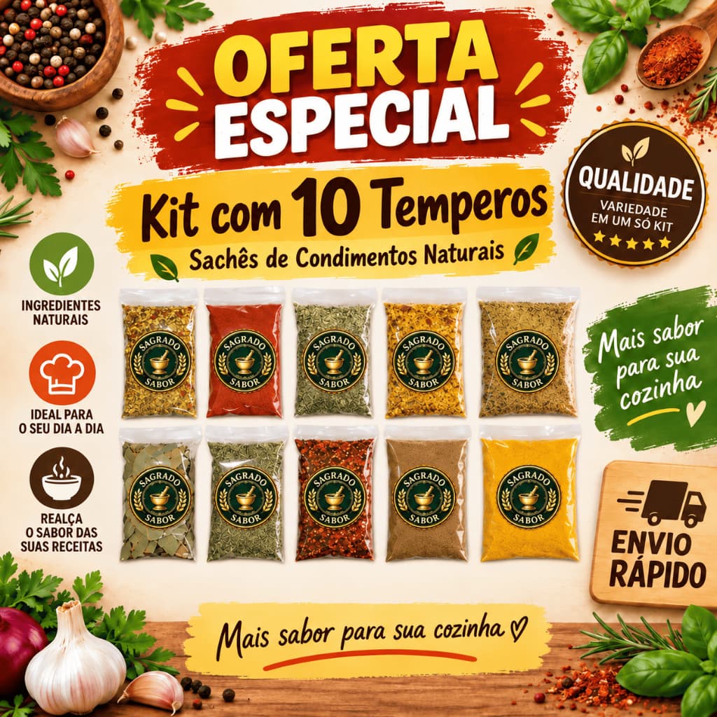 Kit 10 Temperos e Condimentos Naturais em Sachês Sem conservantes Envio Rápido