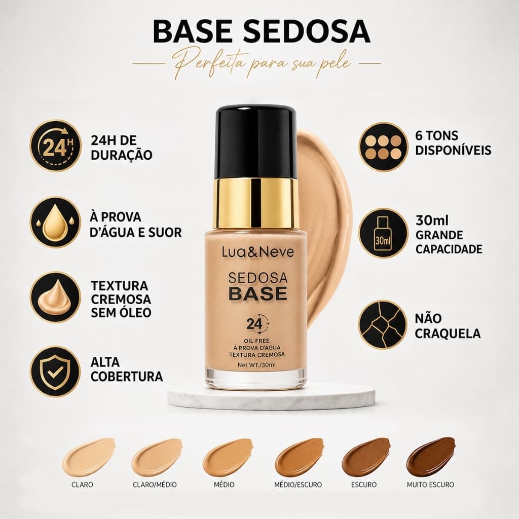 Base Líquida 30ml Alta Cobertura Oil Free Resistente à Água e Suor Longa Duração 24H