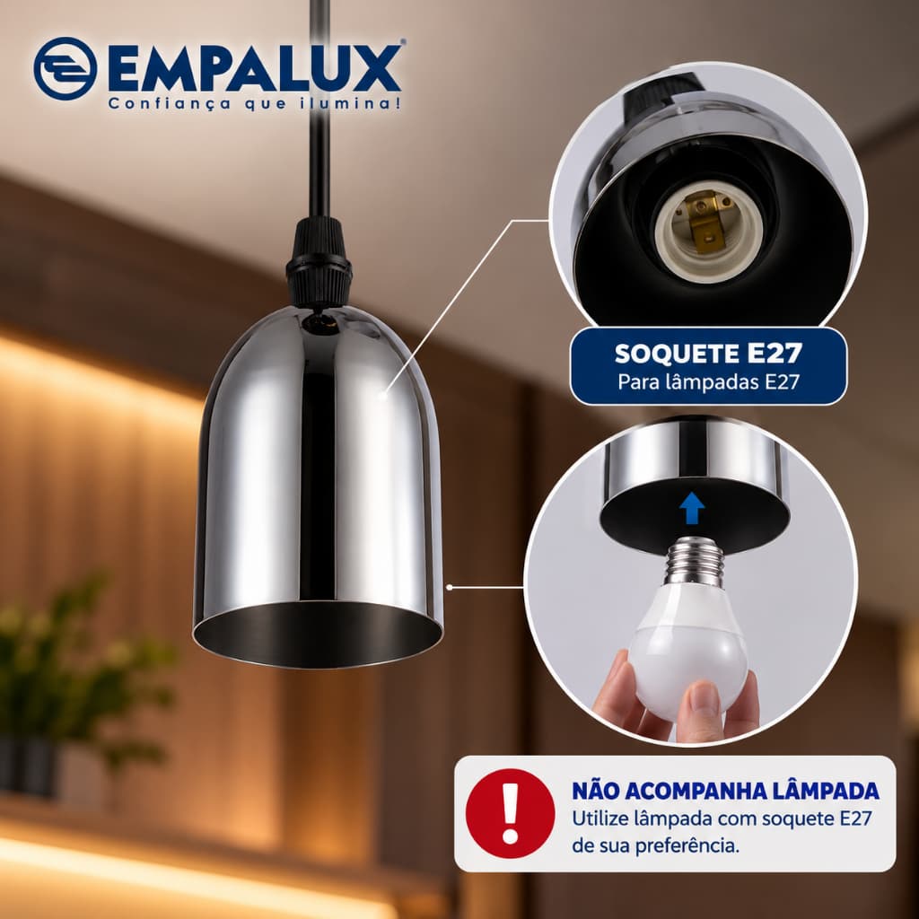 Luminaria Pendente De Luz Bullet Cromo E27 Pe10022 Empalux