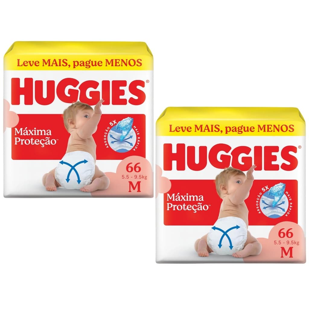 Kit 2 pacotes Fralda Huggies Máxima Proteção Hiper M 66un = Total 132 unidades