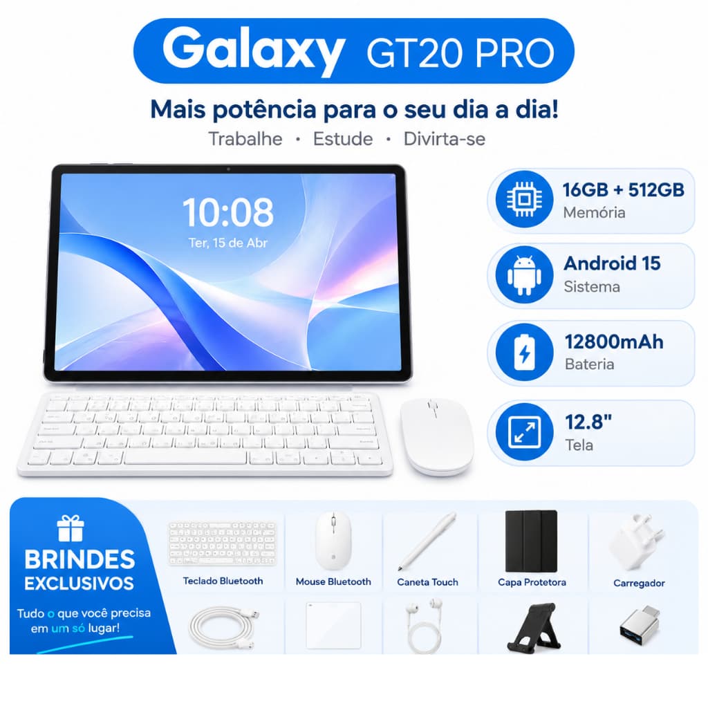 Tablet Galaxy GT20 Pro | 16GB+512GB | Android 15 | Tela FHD 12.8" | 8800mAh Snapdragon 8 Gen 3 4G/ 5GLTE