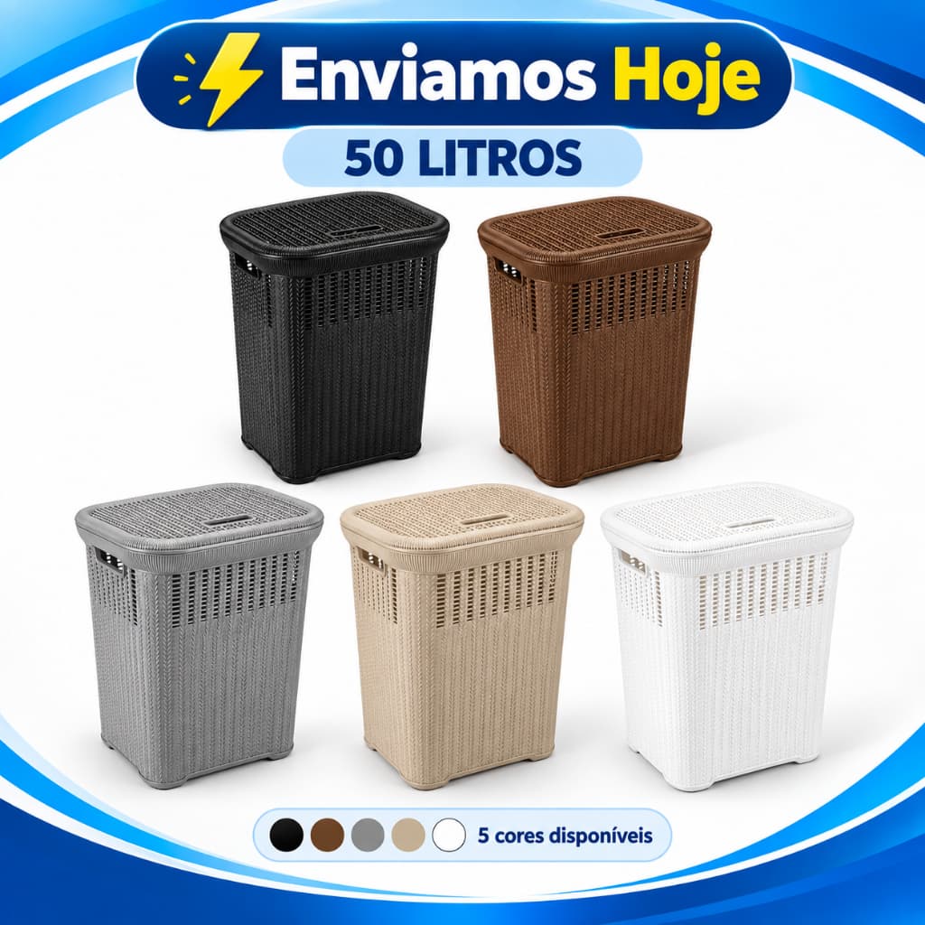 Cesto Rattan 50L Organizador Roupa Suja Multiuso Banheiro Lavanderia Quarto Plástico Resistente 5 Cores