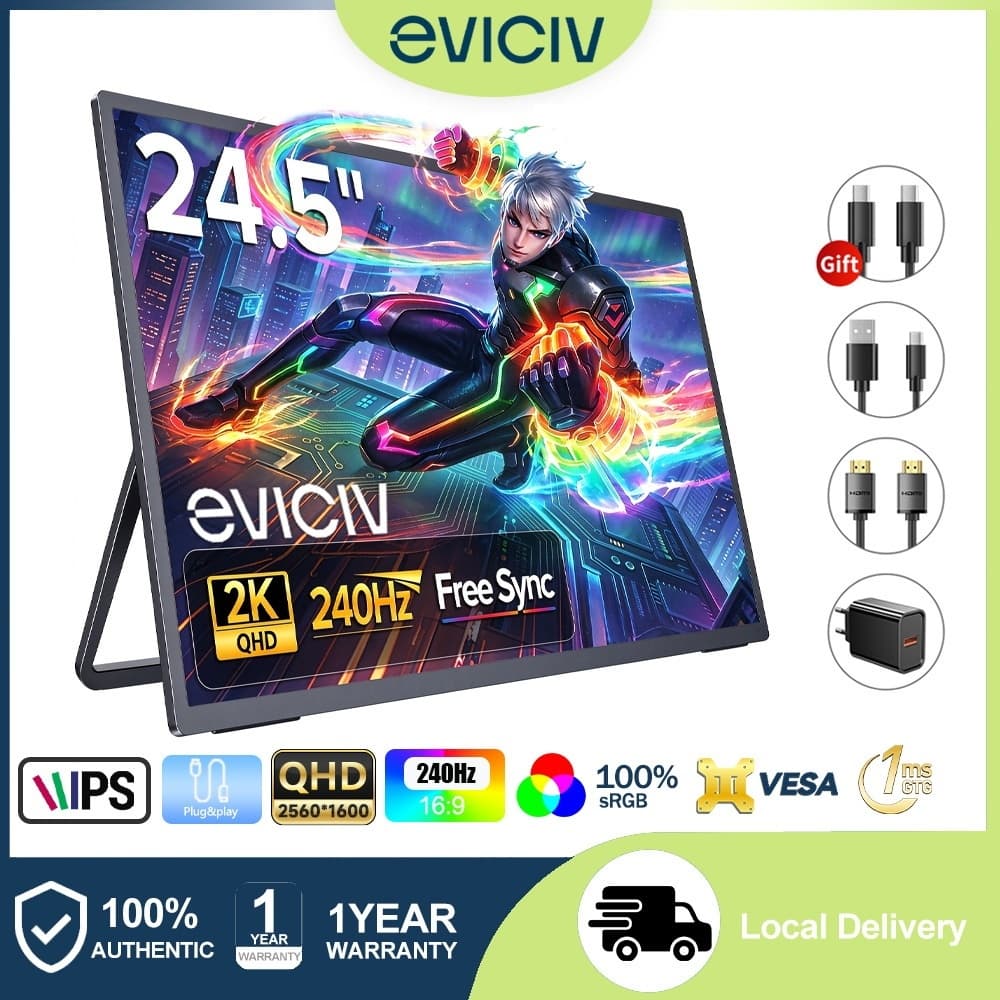 EVICIV Monitor Portátil Gamer 24.5" 2K 240Hz IPS 1ms FreeSync Tela 100%sRGB Type-C HDMI para Notebook PS5 Xbox Celular