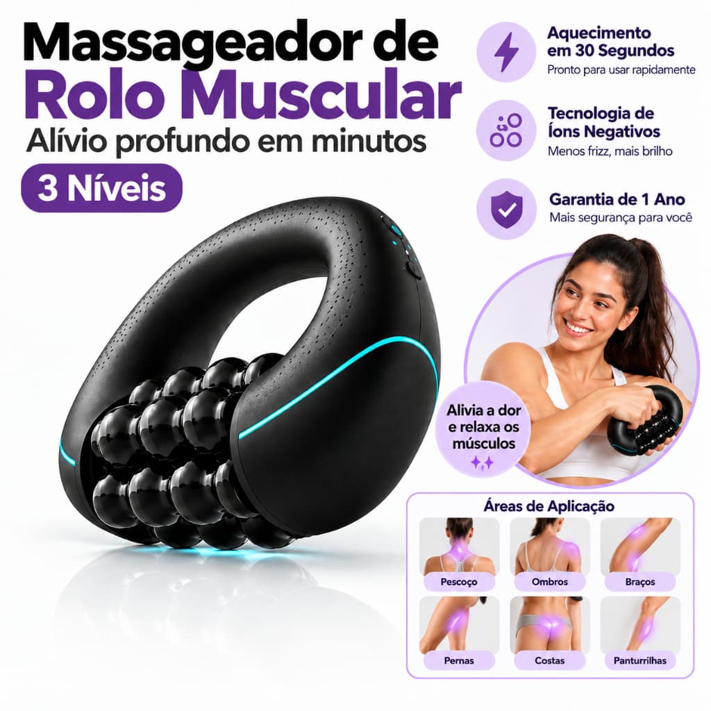 Massageador Rolo Elétrico 3 Velocidades Recarregável USB Alívio Dor Muscular Corpo Inteiro Costas Pescoço Pernas