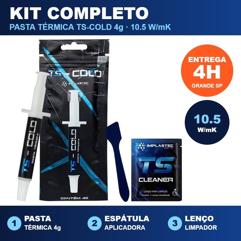 Kit Pasta Térmica TS Cold Implastec 4g + Espátula e Cleaner 10.5 W/mK CPU GPU Notebook PS3 PS4 PS5 Xbox