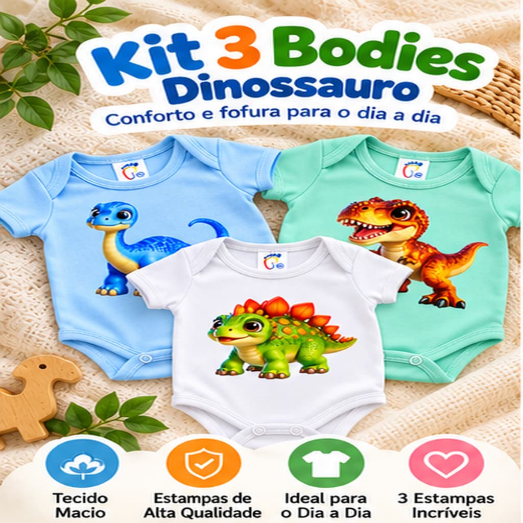 Kit Body Bebê Infantil Dinossauro Suedine 100% Algodão Manga Curta Menino Recém Nascido RN P M G Enxoval Roupa Bebê
