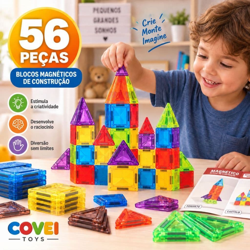 Kit Blocos Magnéticos 56/82 Peças Transparentes De Montar Coloridas Infantil Crianças Menino Menina