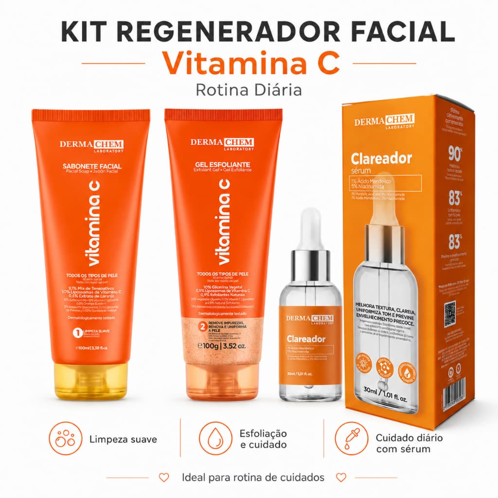 1. Kit Facial Dermachem Vitamina C 3 Itens Sabonete Gel Sérum Rotina Skincare