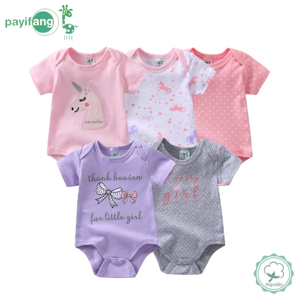 Kit 5 Peças Body Bebê Manga Curta 100% Algodão Unicórnio Laço 0 a 12 Meses Macio Confortável Enxoval Infantil