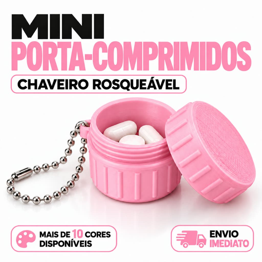 Mini Porta Remédio Chaveiro Portátil com Tampa Rosqueável para Comprimidos, Cápsulas, Vitaminas e Suplementos