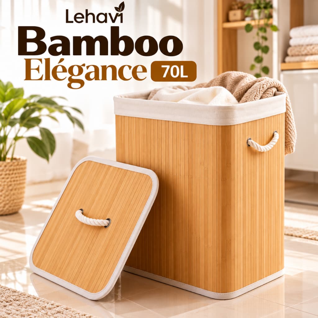 Cesto Roupa Suja Bambu 50L 70L Cesto Organizador Roupas Toalhas Tampa Alças Lavanderia Banheiro Quarto