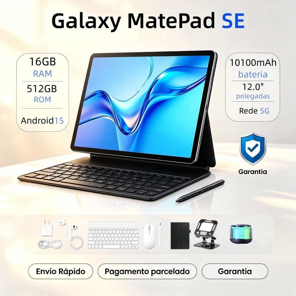 Tablet Galaxy MatePad SE com Android 16, 12 polegadas, 16 GB + 512 GB, bateria de 10.100 mAh, 5G e acessórios gratuitos
