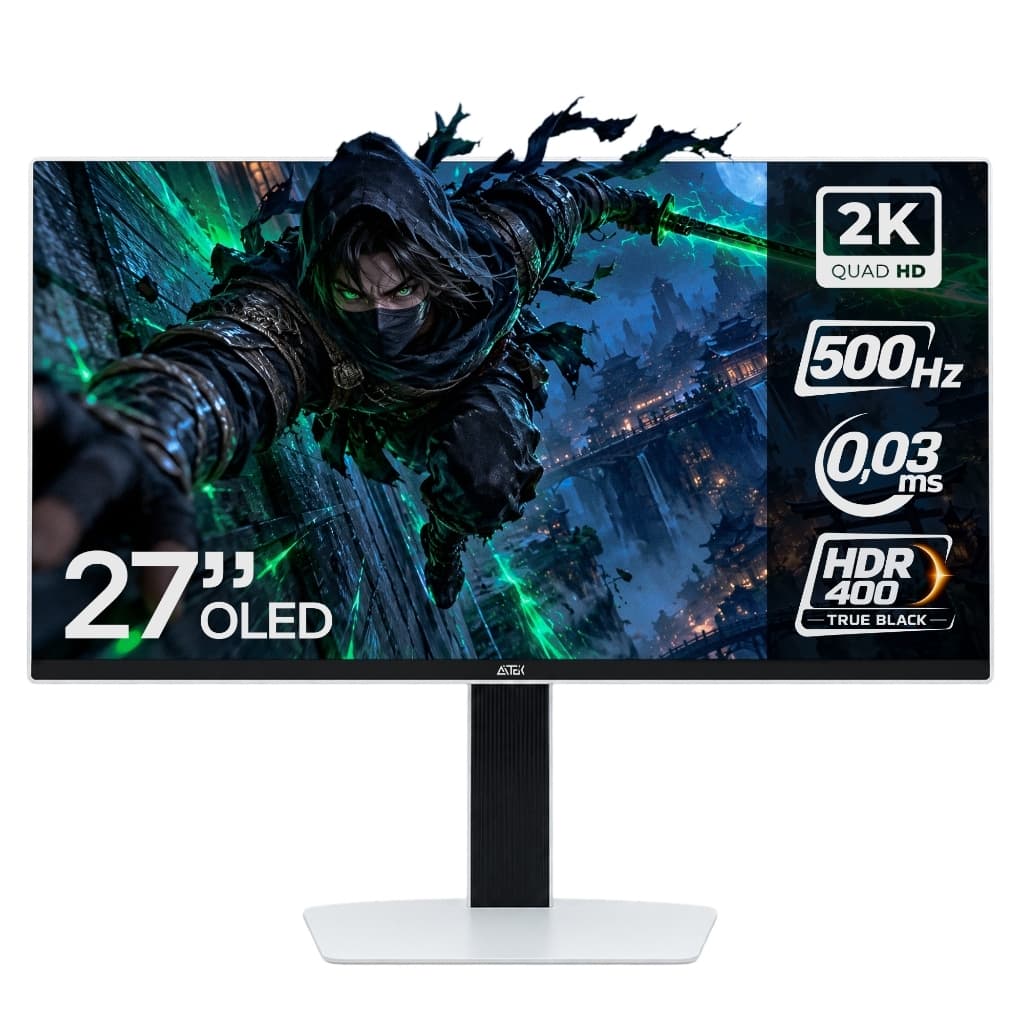Monitor Gamer Aitek Delta M278OLED PRO 27” OLED 2K QHD 500Hz 0,03ms FreeSync RGB Branco