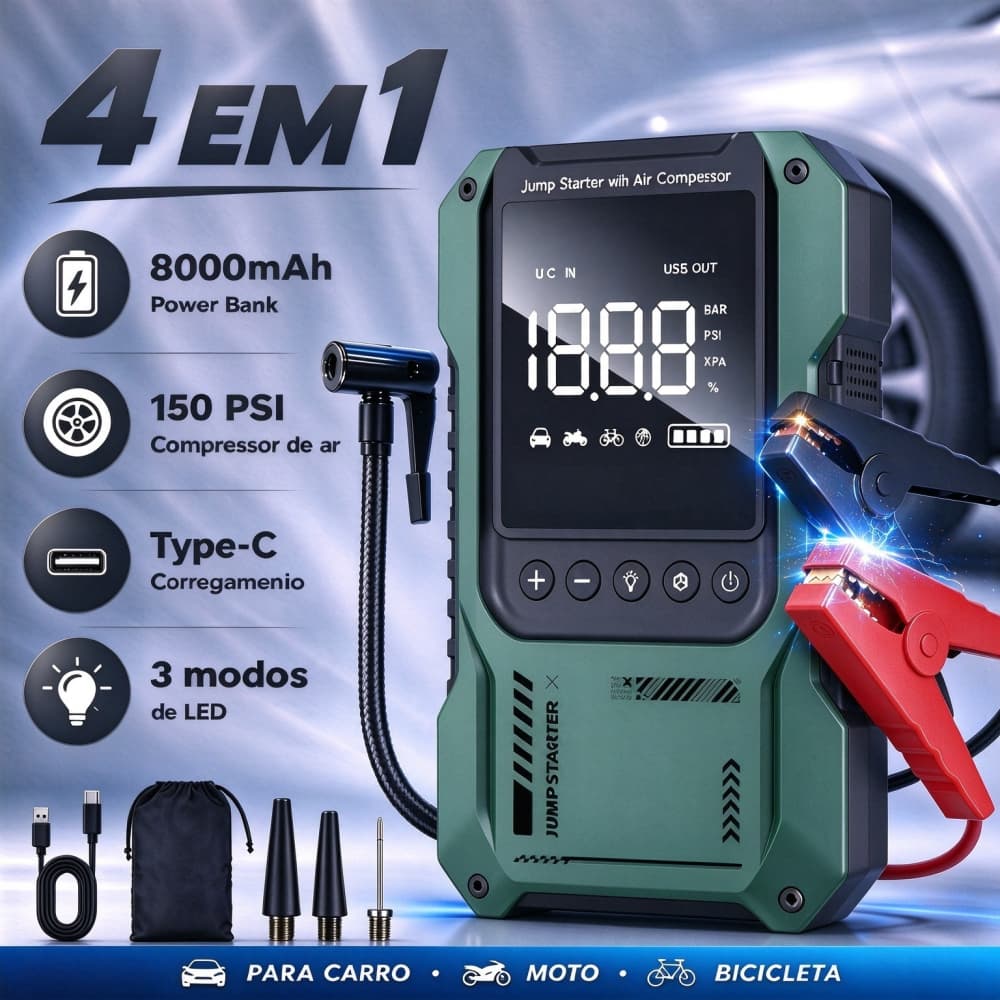 Kit Auxiliar Partida 4 em 1 9000A 150PSI Compressor Ar Power Bank Lanterna Carregador 12V Portatil Veicular