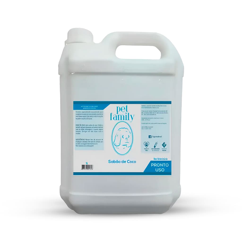 Shampoo Pet Sabão de Coco Pronto Uso Vegano pH Neutro Para Cães e Gatos 5L Pet Family