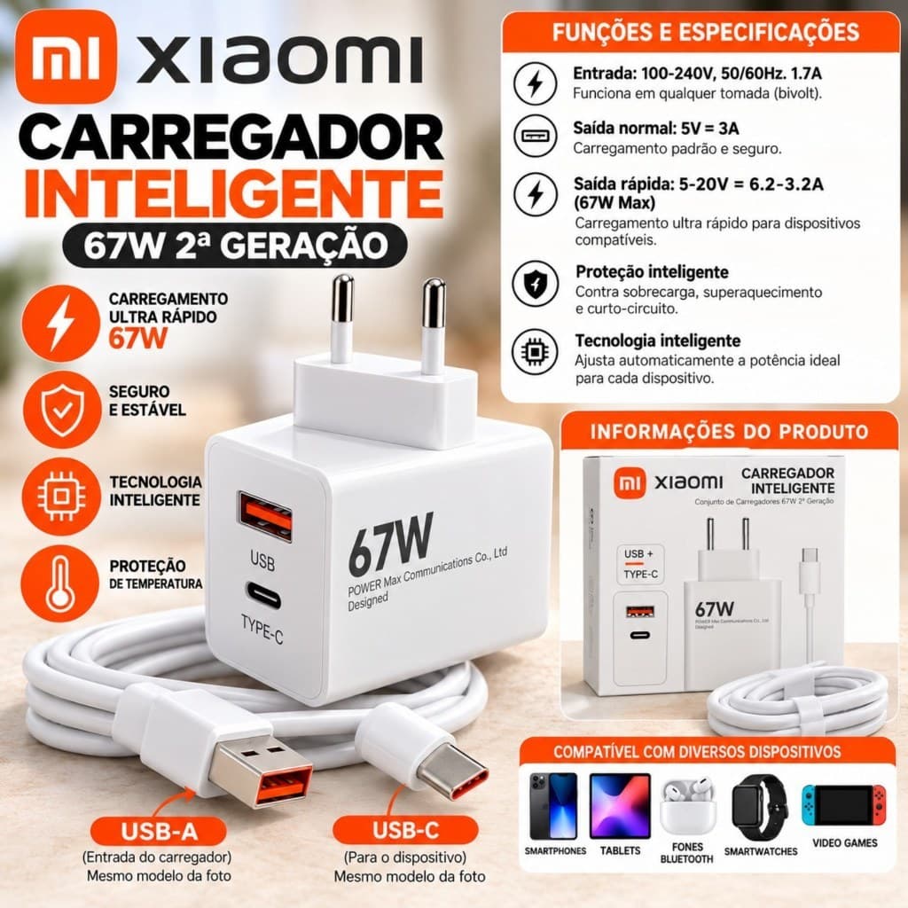 Carregador Inteligente Xiaomi 67W 2ª Geração USB-A USB-C com Cabo para Smartphone