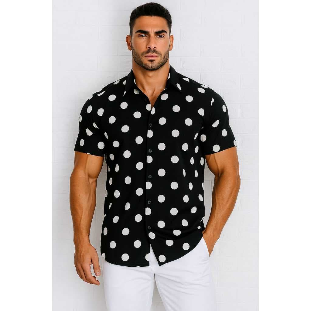 Camisa Masculina Social Slim Curta Estampada Bolinha Preta