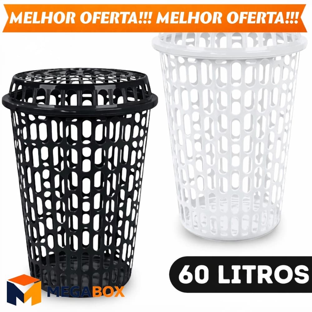 Cesto de Roupas Telado 60 Litros Com Tampa Preto ou Branco Organizador de Casa Banheiro Roupas Suja