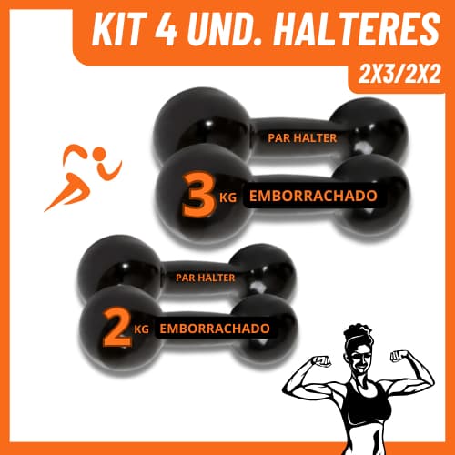 Kit 4 Halteres Emborrachados 2kg e 3kg – Peso Academia Musculação Treino em Casa